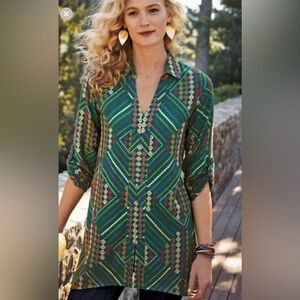 Soft Surroundings Terrare embroidered Tunic Shirt Green 3/4 sleeve size M